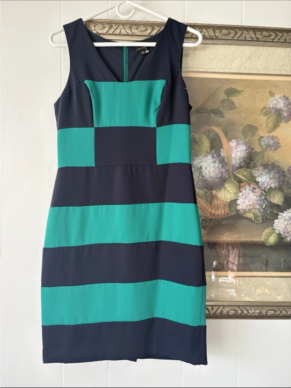 Ann Taylor Navy and Teal Block Stripe Sheath Dress